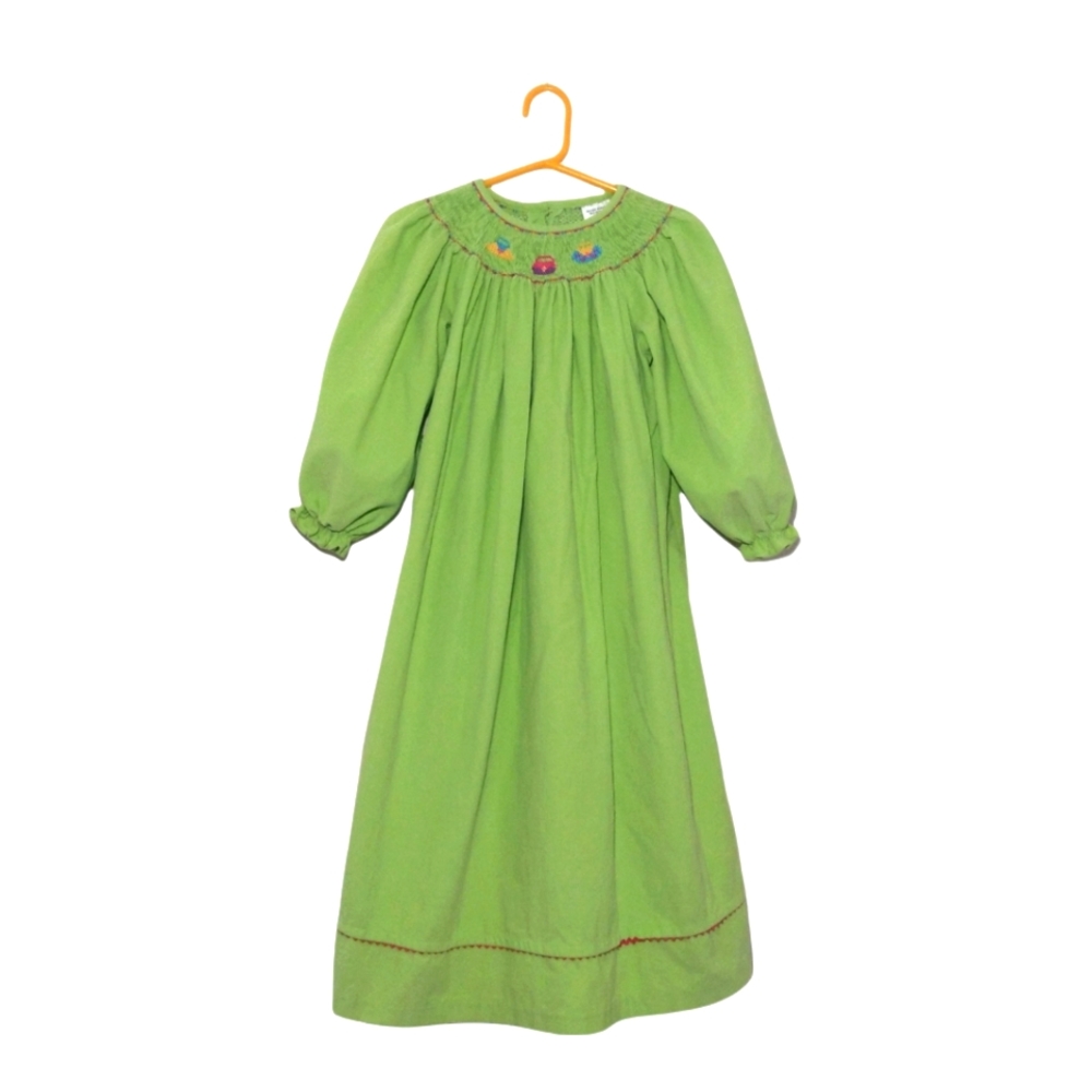 Girls Smocked Corduroy Long Sleeve Green Dress Embroidered Purses 6x